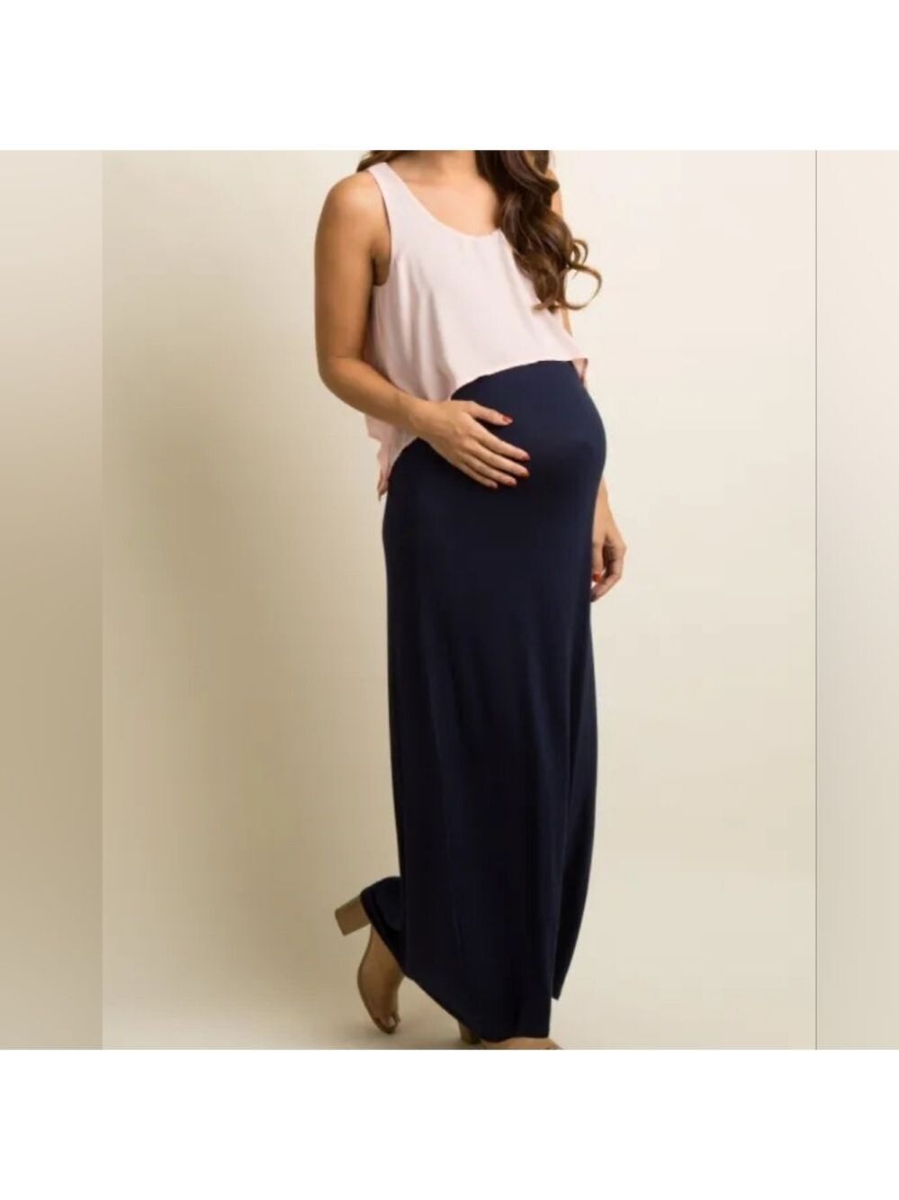 XL • Blush Pink Maternity • Pink Chiffon Navy Maxi Dress